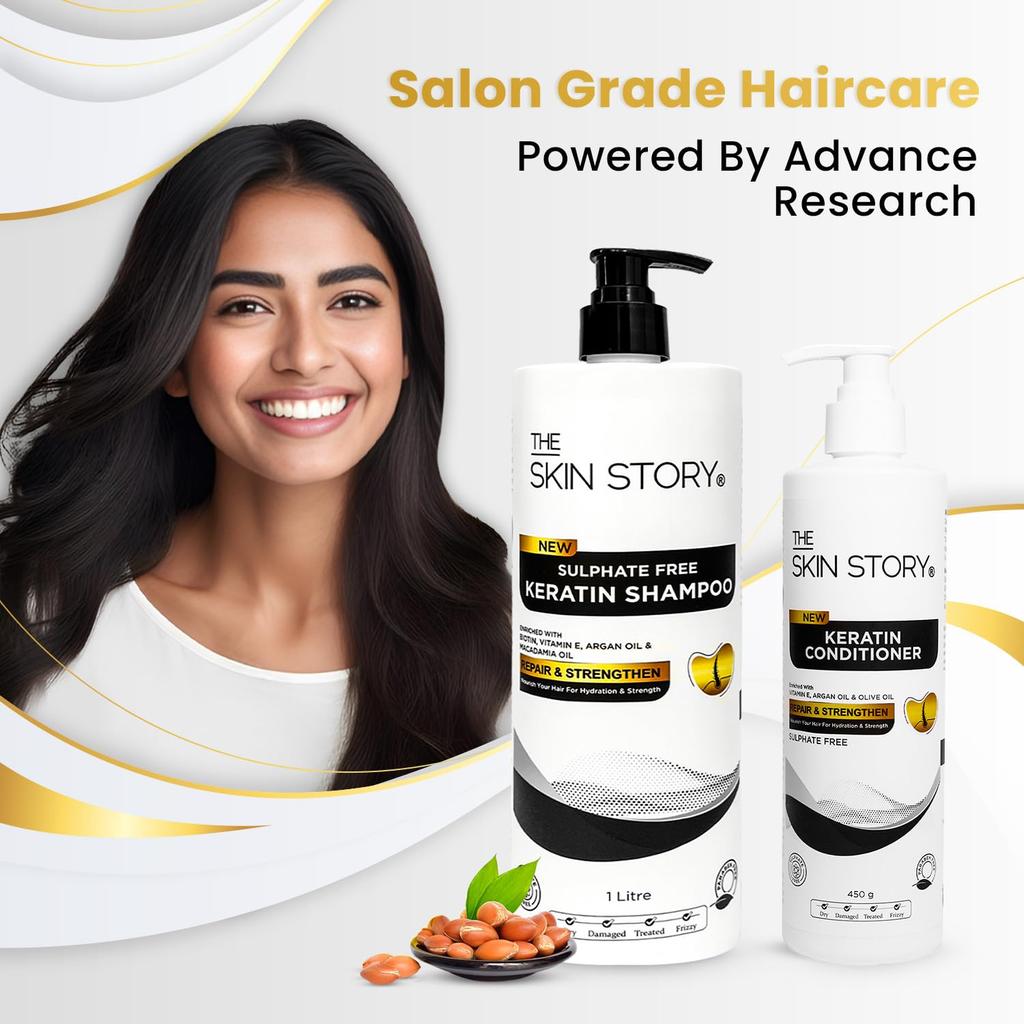 The Skin Story Sulphate Free Keratin Shampoo & Conditioner Set | Shine & Frizz-Free Hair Care | Damage Repair with Argan, Macadamia| 1Litre + 450g