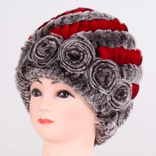 Hot Sale Winter Women Flower Striped Natural Real Fur Hats Lady Warm Knit Genuine Rex Rabbit Fur Caps Outdoor Fur Beanies Hats