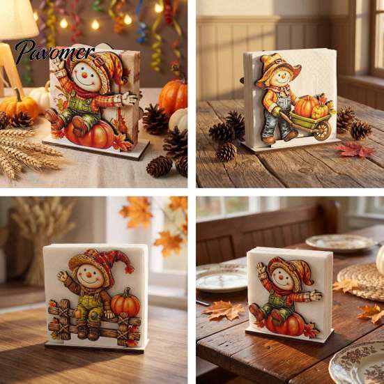 Solid Wood Tissue Storage Fall Scarecrow Wooden Napkin Holder, Harvest Pumpkin Autumn Table Accents Dispenser, Thanksgiving Farmhouse Tabletop