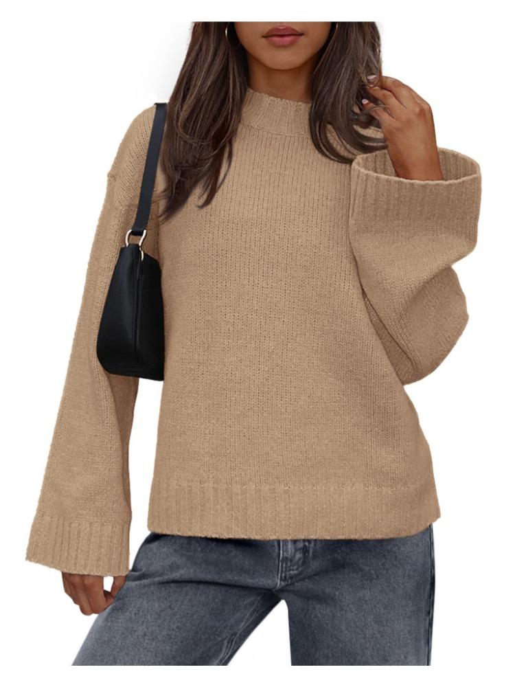 Podzim Zima Ležérní Kulatý Výstřih Volný Jednobarevný Svetr s Dlouhým Zvonovým Rukávem Pletený pro Ženy Luxusní Top Uvolněného Střihu Zeštíhlující a Všestranný