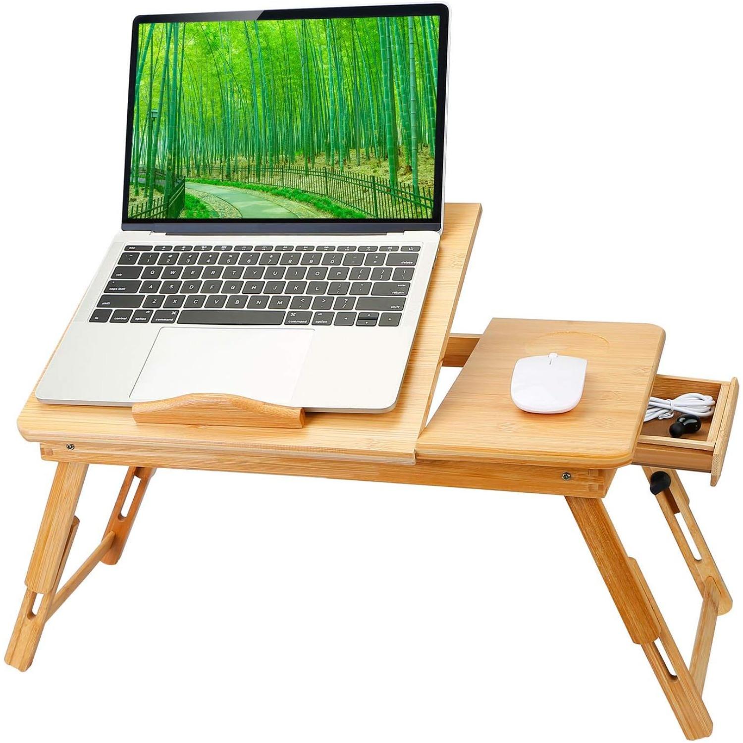 Bamboo Laptop Desk, Moclever Foldable Breakfast Tray with Drawer, Multi-Position Adjustable Tilt Surface Laptop Stand for Bed, Work,Study,Reading бежевый