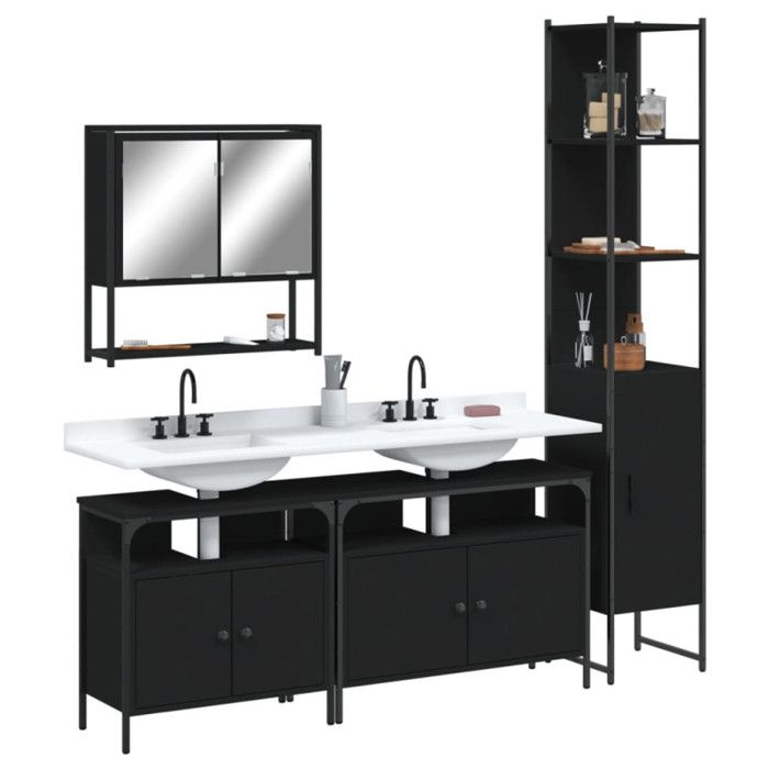 Ensemble de meubles de salle de bain - VIDAXL - 4 pcs - Noir - Bois d'ingénierie - Design contemporain