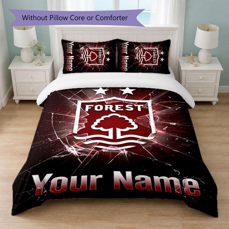 Nottingham Forest FC Custom Name Text Bedding Set 1 Duvet Cover+2 Pillowcases Soccer Logo Personalized Gift For Special Occasion Bedroom Decor