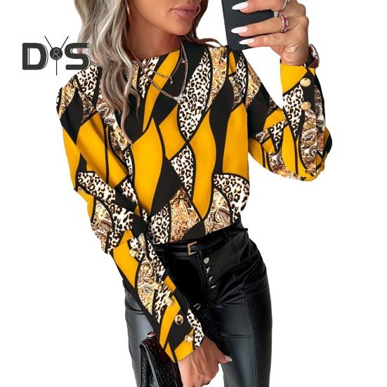 Women Spring Shirt Color Matching Print O Neck Long Sleeve Button Decor Soft Breathable Elegant OL Commute Blouse