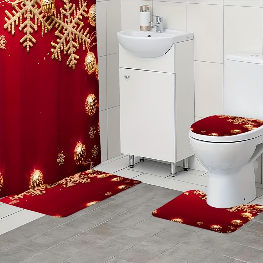 4-teiliges Badezimmer-Duschvorhang-Set Weihnachtskugel Badezimmervorhang mit 12 Haken Rutschfeste Teppiche Toilettendeckelmatte Badezimmer-Trennwand
