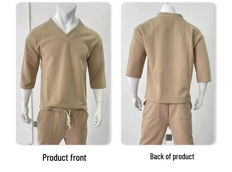 2025 Men's Summer Loose V-neck Knit T-shirt - Casual Short Sleeve, Plain Color Sports Tee