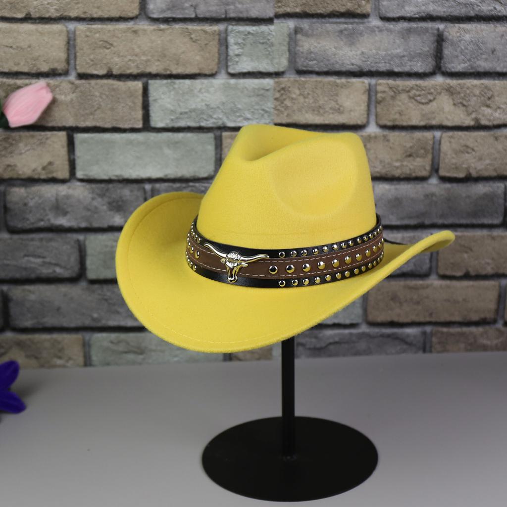 Western Cowboy Hat Big Edge Top Hat Women's European and American Jazz Hat Upturned Edge Felt Hat Tibetan Bull Head Casual Hat Men