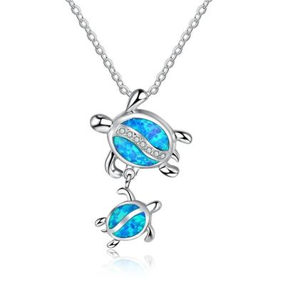 Collier Pendentif Tortue Charme Bohème Pour Femmes Incrusté de Cristal Bleu Opale d'Imitation Collier Bijou Cadeau pour Elle