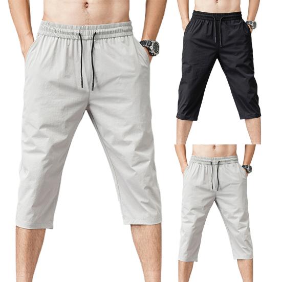 Solid Color Capri Pants Elastic Waist Men Drawstring 3/4 Length Cropped Trousers Sweatpants