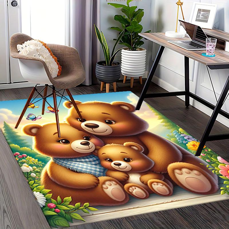 1pc Anime Cartoon Design Office Chair Mat - Cute Bear Family with Butterflies and Flowers, Suitable for Home Decor, Living Room, Bedroom, Game Room, N