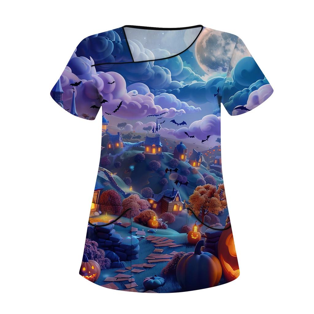 Dámské potištěné pracovní oblečení, šikmý límec a dvojité kapsy, základní top pulovr