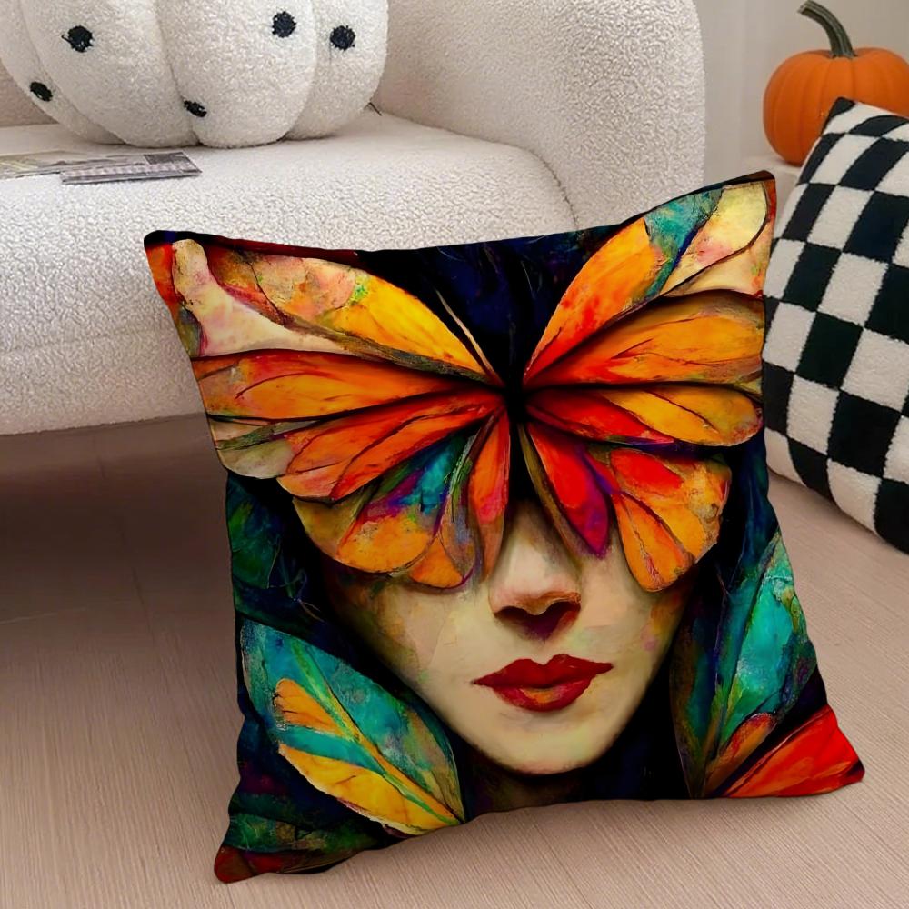 Square Bright Color Flower Girl Art Cushion Cover Throw Pillow Cover Hidden Button Durable Polyester Chair Cushion
