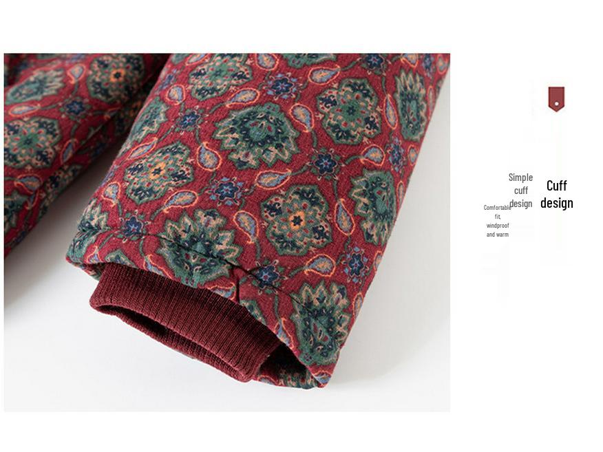 Floral Velvet-Lined Winter Coat for Middle-Aged and Elderly Women
