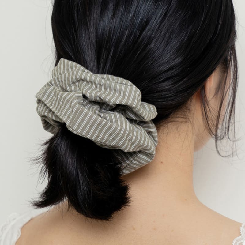 Geegee Stripe Shirt Hair Scrunchie - Light Khaki