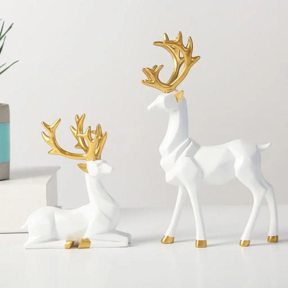 2Pcs Modern Deer Desktop Ornament Creative Elk Figurine Resin Reindeer Sculpture Desktop Ornament