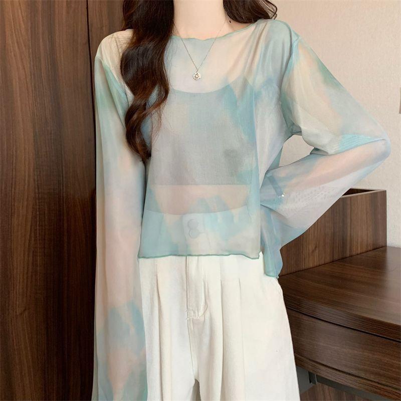 

Summer Gradient Tie-Dye Sunscreen T-Shirt Cover-Up Pure Desire Style Sheer Short Versatile Top One size зелений