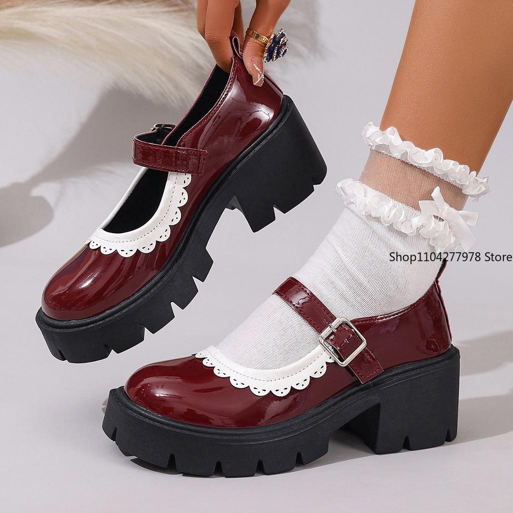 Fashion White Ankle Buckle Platform Pumps Women Japanese Style Patent Leather Mary Jane Shoes Woman Punk Thick Heels Lolita Shoes Mujer