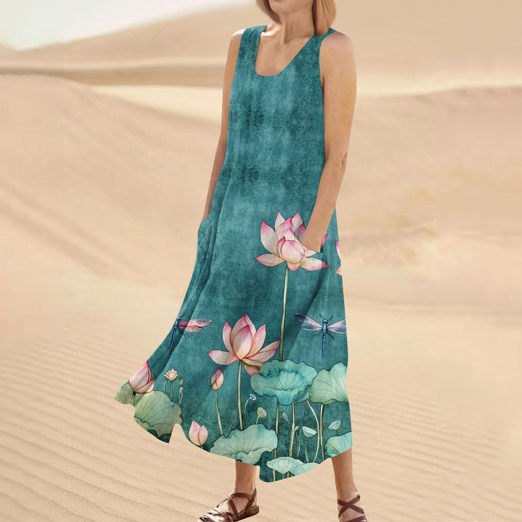 Women's Summer Casual Fashion Flower Printed Sleeveless Round Neck Pocket Dress