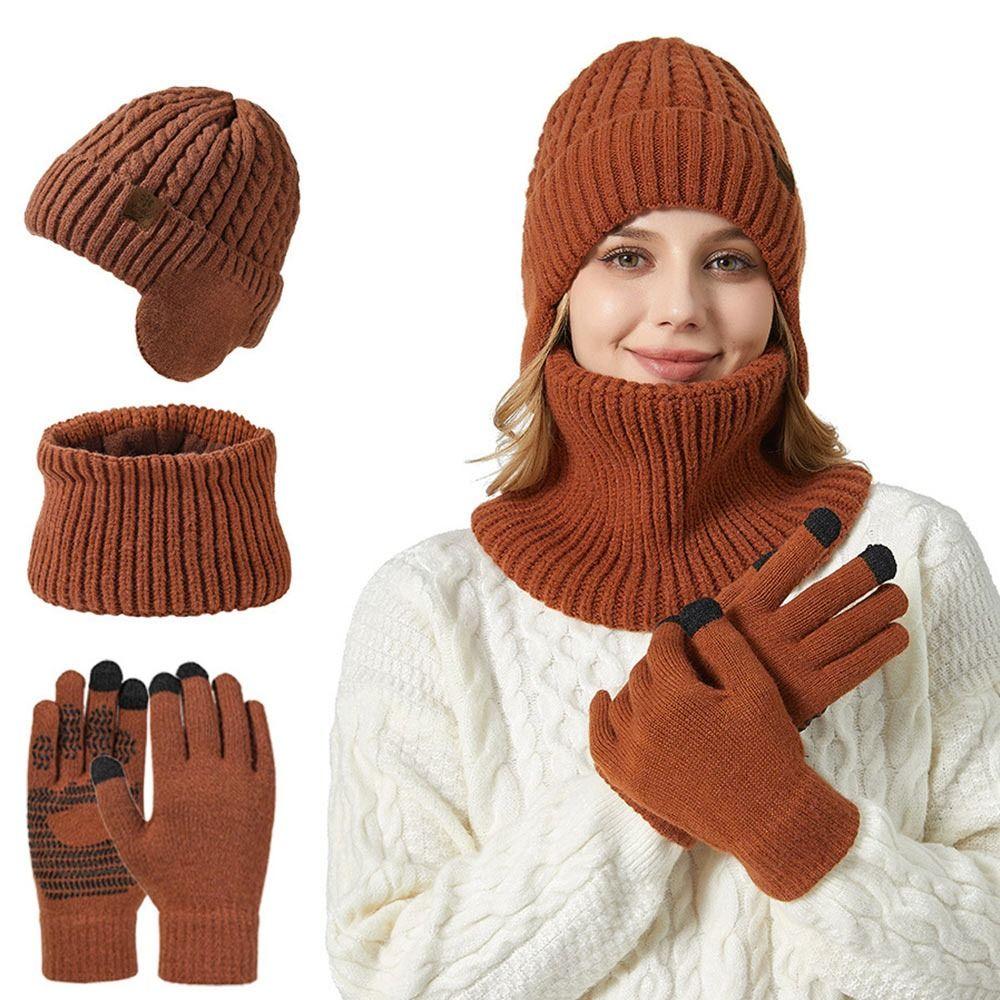 3Pcs/set Soft Touch Screen Gloves Warm Ear Protection Cap Winter Beanie Hat Scarf  for Men Women