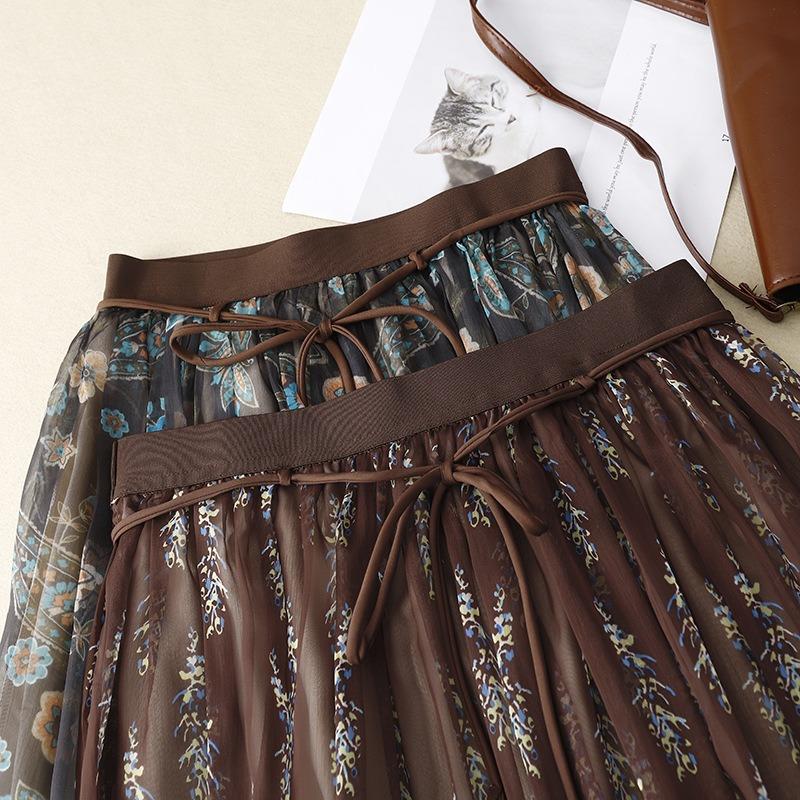 Summer new literary loose chiffon floral skirt women's medium and long anti-penetration gauze skirt A-shaped skirt