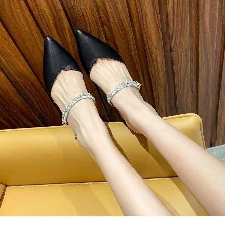 Fashion pointed thick heel solid color bag head slippers 2025 summer new rhinestone sandals daily casual lady high heels
