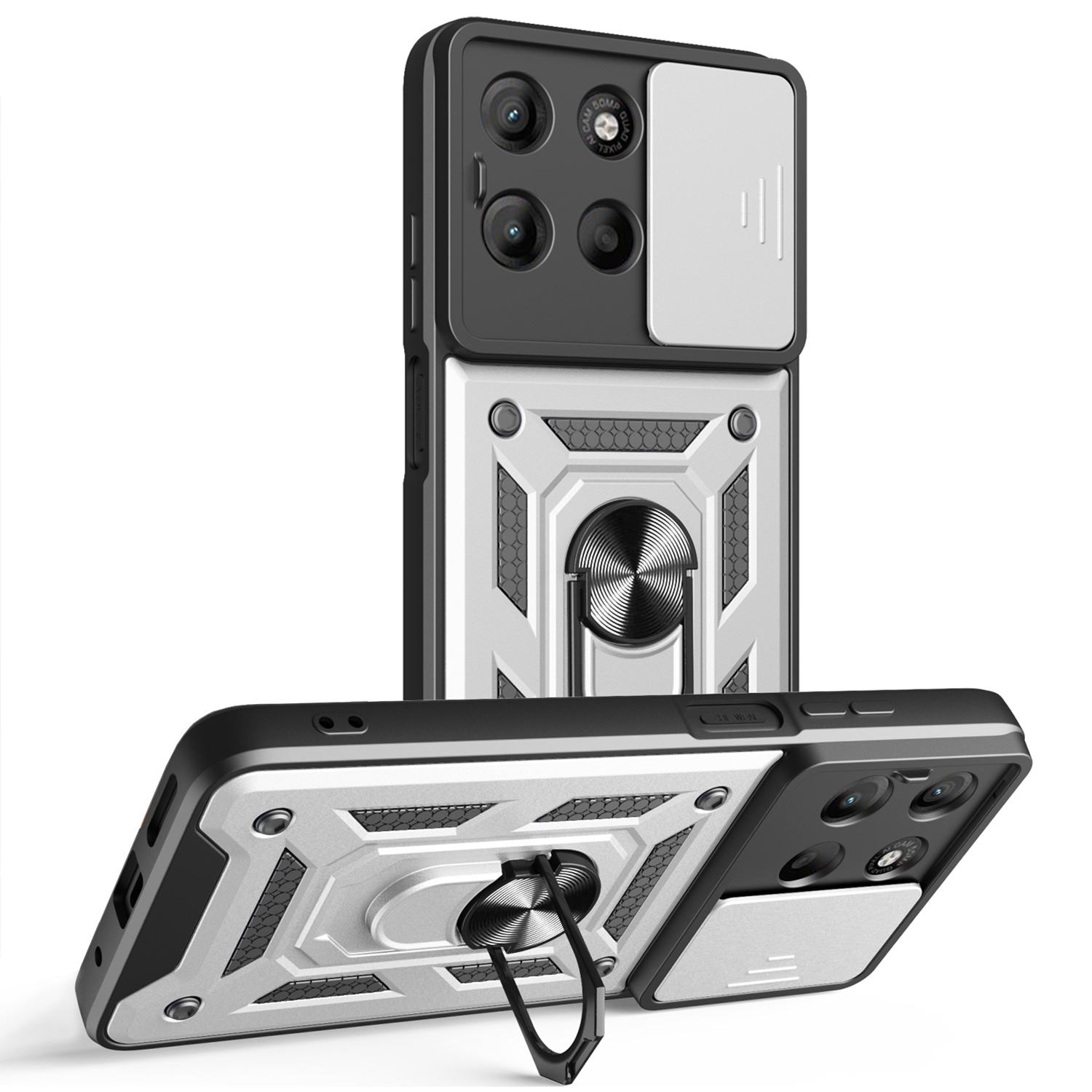 

For Motorola Moto G15 4G Case with Slide Camera Lid PC+TPU Kickstand Phone Cover Silver