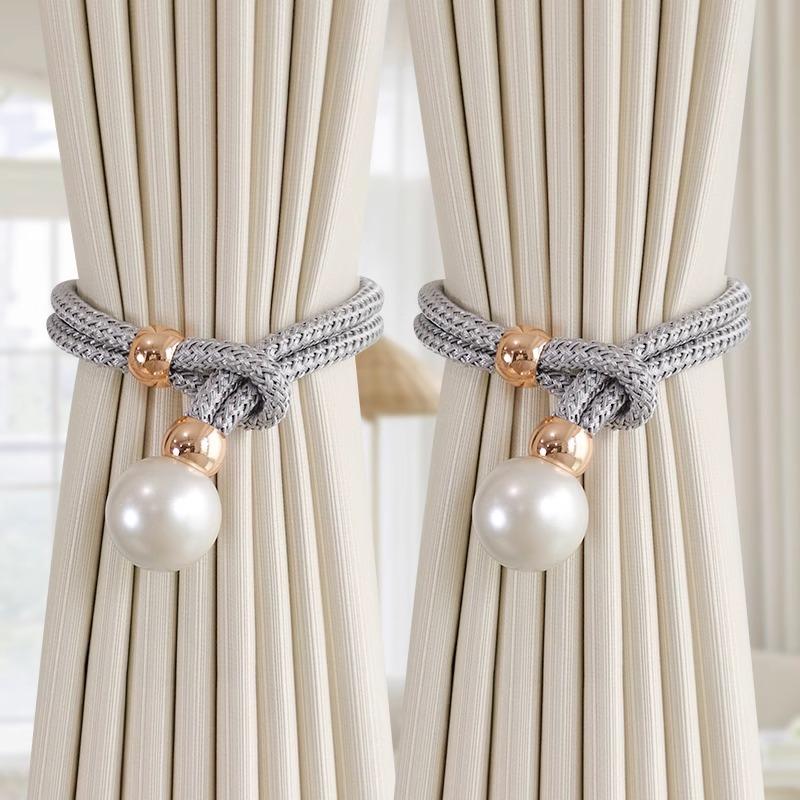 2Pcs Pearl Curtain Tiebacks, Curtain Pearl Tiebacks, Decorative Fixings, Rope Curtain Tiebacks No Punch Adjustable Pull-Outs