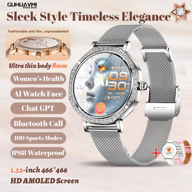 New Luxury Diamond Smart Watch For Women 8mm Ultra Thin Body Bluetooth Call Heart Rate IP68 Waterproof Smartwatch Rose Gold