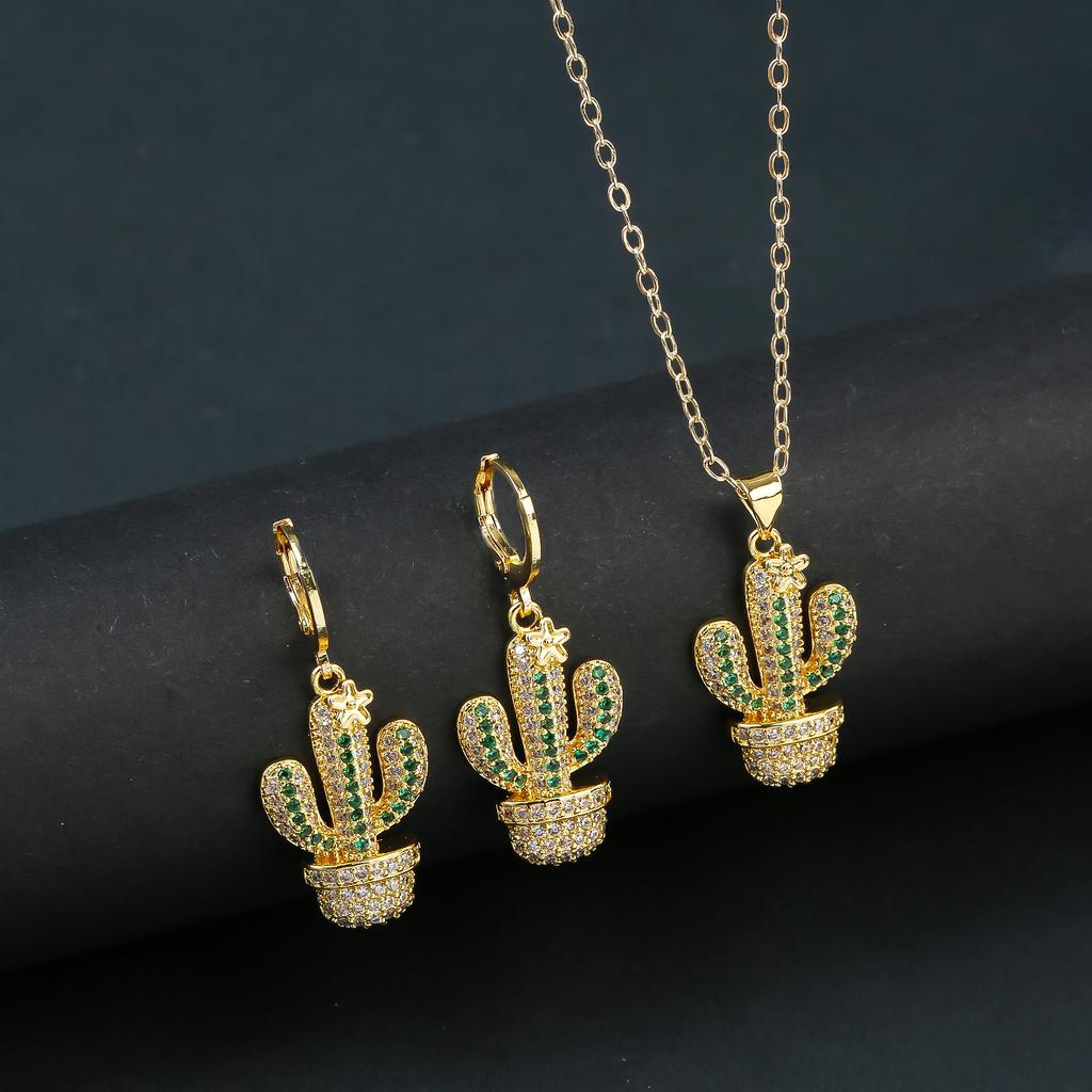 Fashion Venezuela Flag Cross Zircon Set Classic Cactus Flower Earrings Necklace Charming for Woman Daily Party Zircon Gift