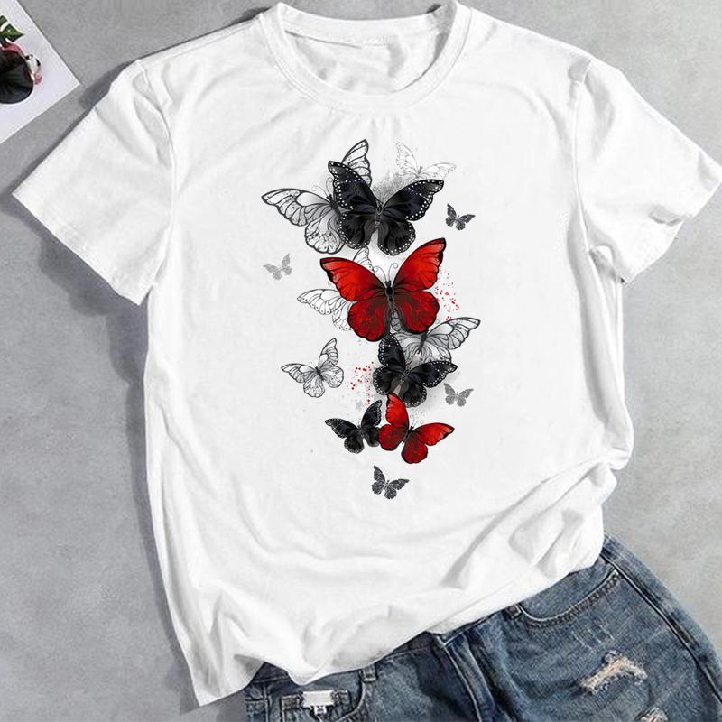 

90s Clothing Casual Love Heart Butterfly Trend Summer Fashion Graphic T-shirt Women Top T-shirt Short Sleeve Lady Female Print Tee 4XL
