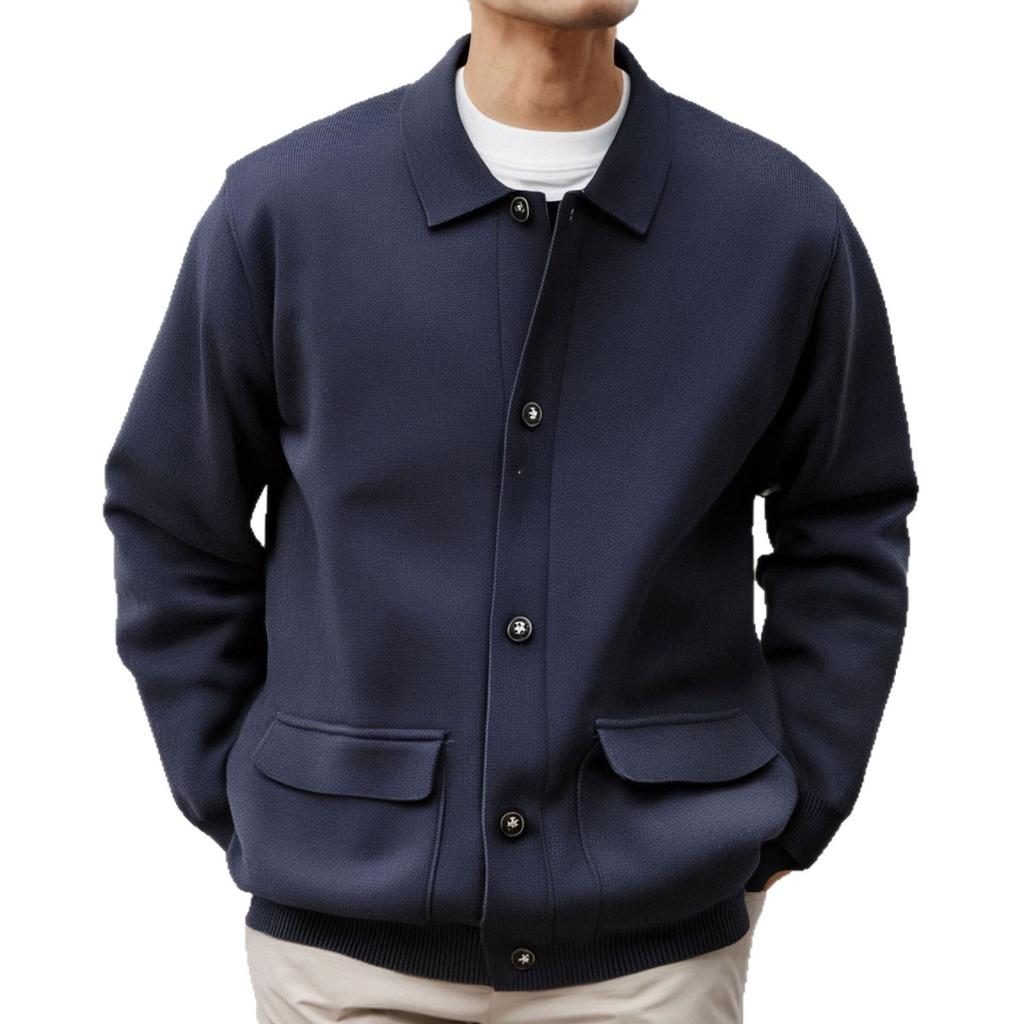 Men's Casual Solid-Color Knitted Cardigan With Pockets, Lapel Jacket Outerwear