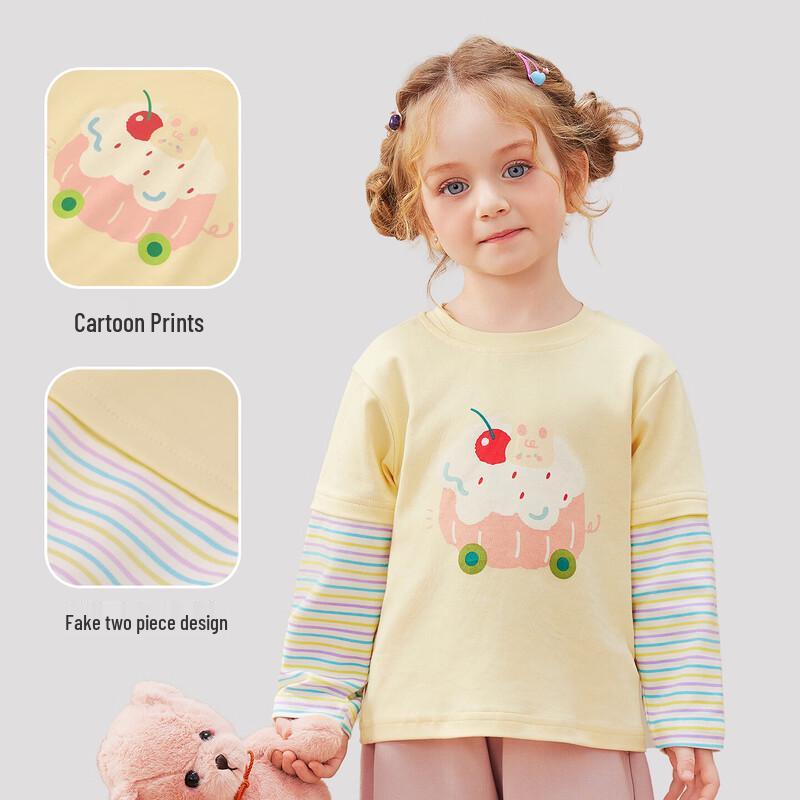 Kids' Spring Faux Two-Piece Cartoon Striped Long Sleeve T-Shirt