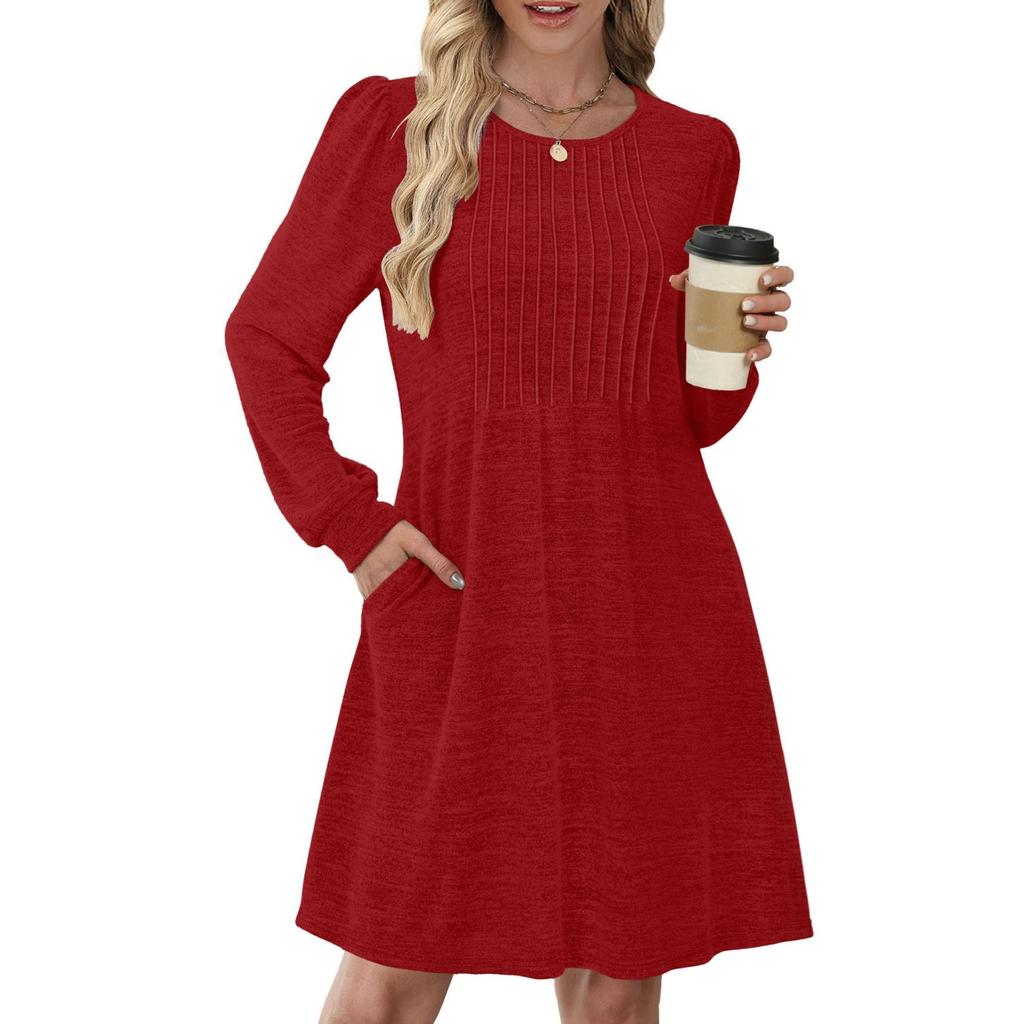 Women's Long Sleeve Pleated Round Neck Solid Color Casual Dress With Pockets
