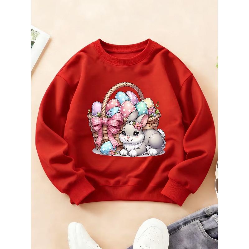 Kids Crewneck Sweatshirt, Easter Bunny & Colorful Egg Basket Print Top for Autumn Winter