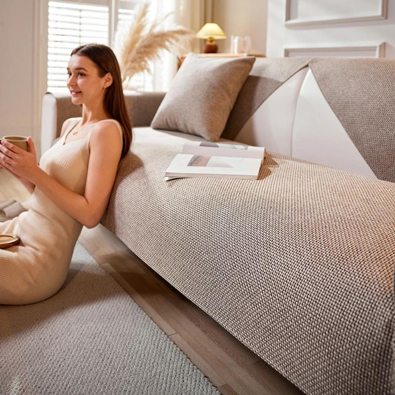New Chenille Couch Cover Solid Color Four Seasons Sectional Couch Covers Washable Anti-Slip Slipcover Coarse Cloth Sofa Cushion