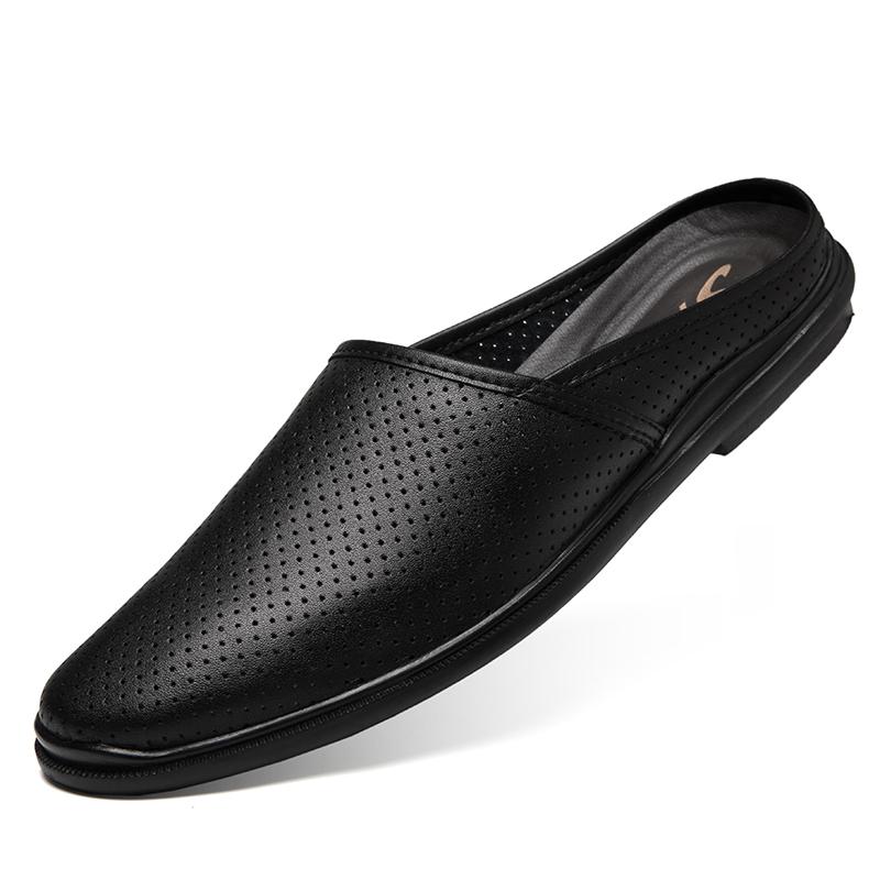 High Quality Half Shoes For Men Casual Hollow Breathable Summer Slippers Genuine Leather Mens Shoes Slip-On Flip Flops Loafers