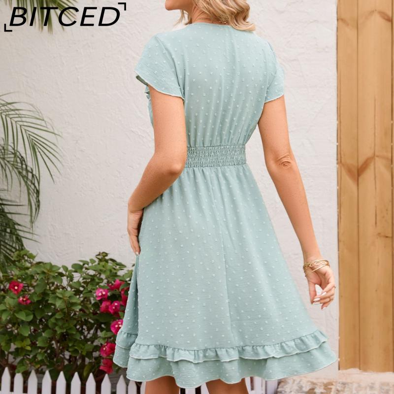 BITCED Women's Spring/Summer Waist-Defining V-Neck Dress Vacation Casual Short-Sleeve Slimming Dress