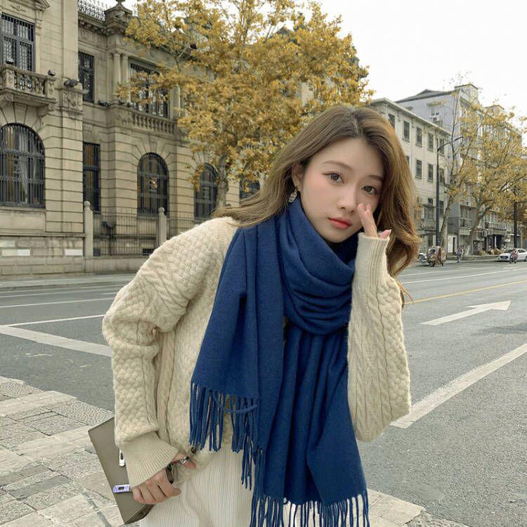 White Cashmere Scarf: Thickened, Solid Color, Versatile for Women & Men, Perfect for Autumn & Winter