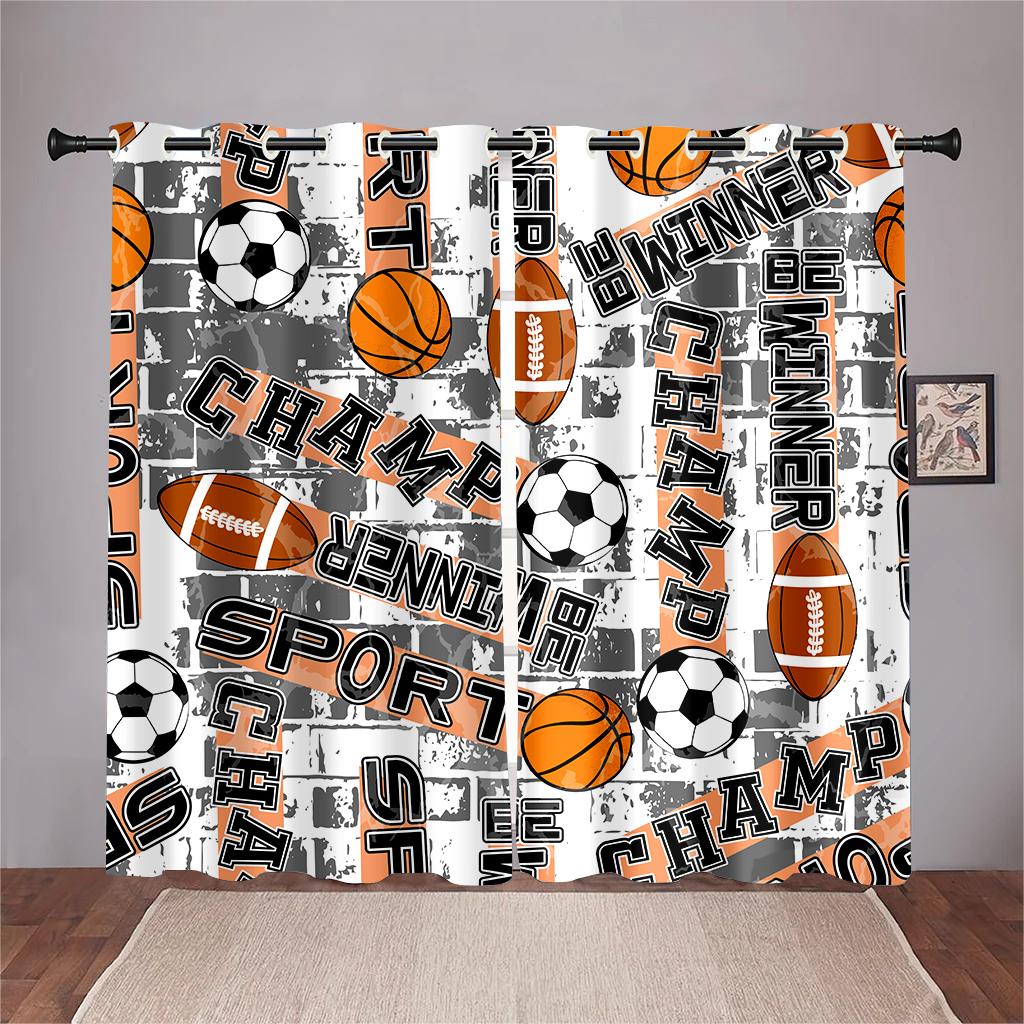 2 panel Football Soccer Rugby Basketball Printed Curtains for Sports Boys Bedroom Blinds Floor-to-ceiling Windows Grommet Top