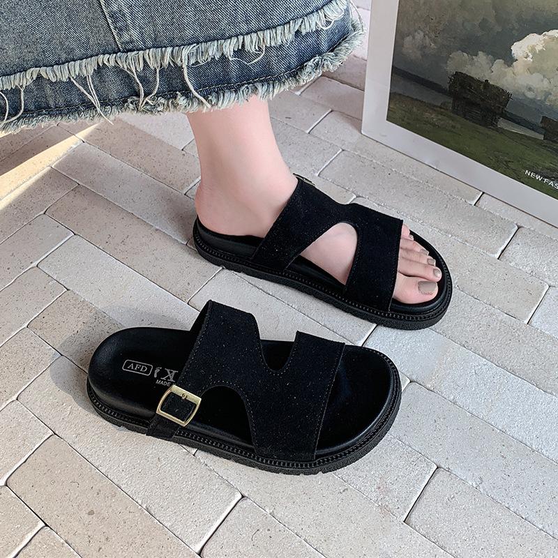 

Fashion 2025 Women Shoes Open Toe Slippers Outdoor Casual Slippers Summer Round Toe Flat Non-slip Platform Buckle Women s Beach Sandals 35 чёрный
