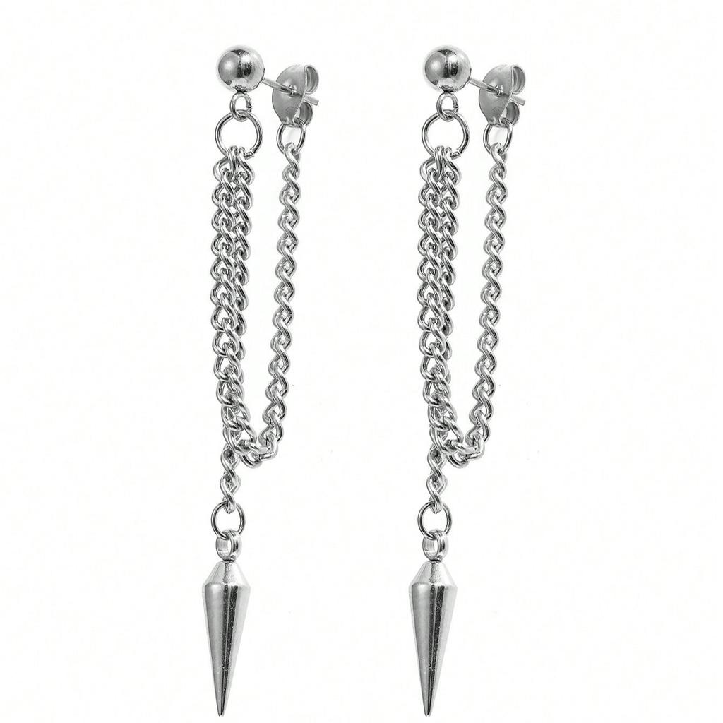2pcs Minimalist Punk Style Stainless Steel Pointed Pendant Tassel Earrings, Suitable For Daily Wear