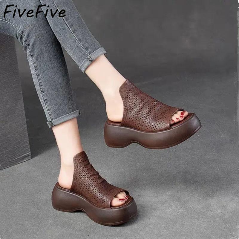 

FiveFive летние дышащие тапочки с круглым носком для женщин, удобные женские тапочки на наклонном каблуке