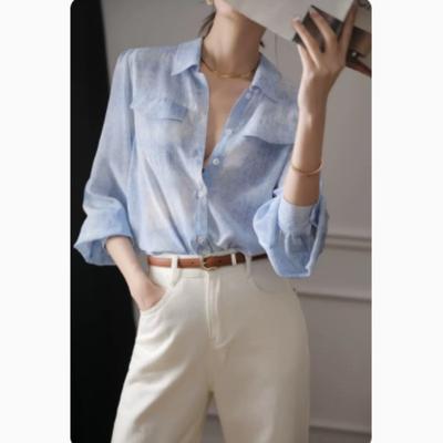 Blue Silk Shirt for Women In Spring and Summer New Long-sleeved Loose Ink-like Temperament Mulberry Silk Shirt for Women