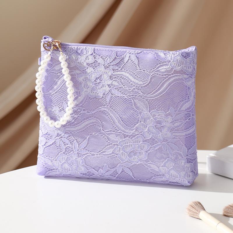 Sweet Lace Cosmetic Bag With Imitation Pearl Chain Portable Travel Toiletry Pouch Organizer For Women Makeup Keys Coin Purse