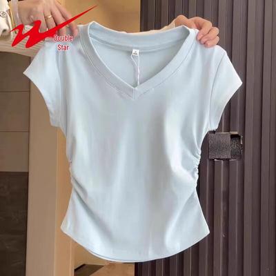 Women's V-Neck Pleated Short Sleeve T-Shirt