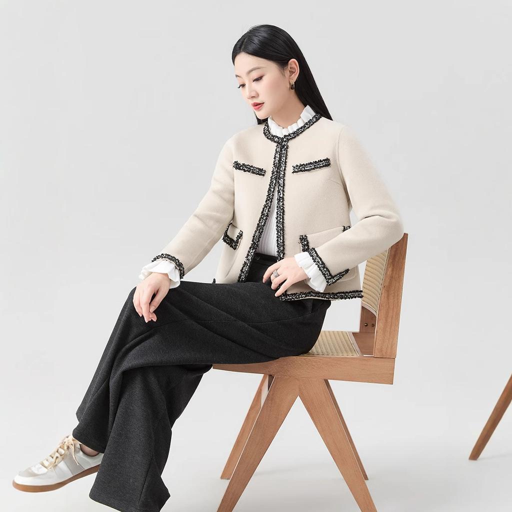 Wool Cashmere Woven Belt Temperament Double-sided Nylon Coat Temperament Jacket Thin Commuting Style