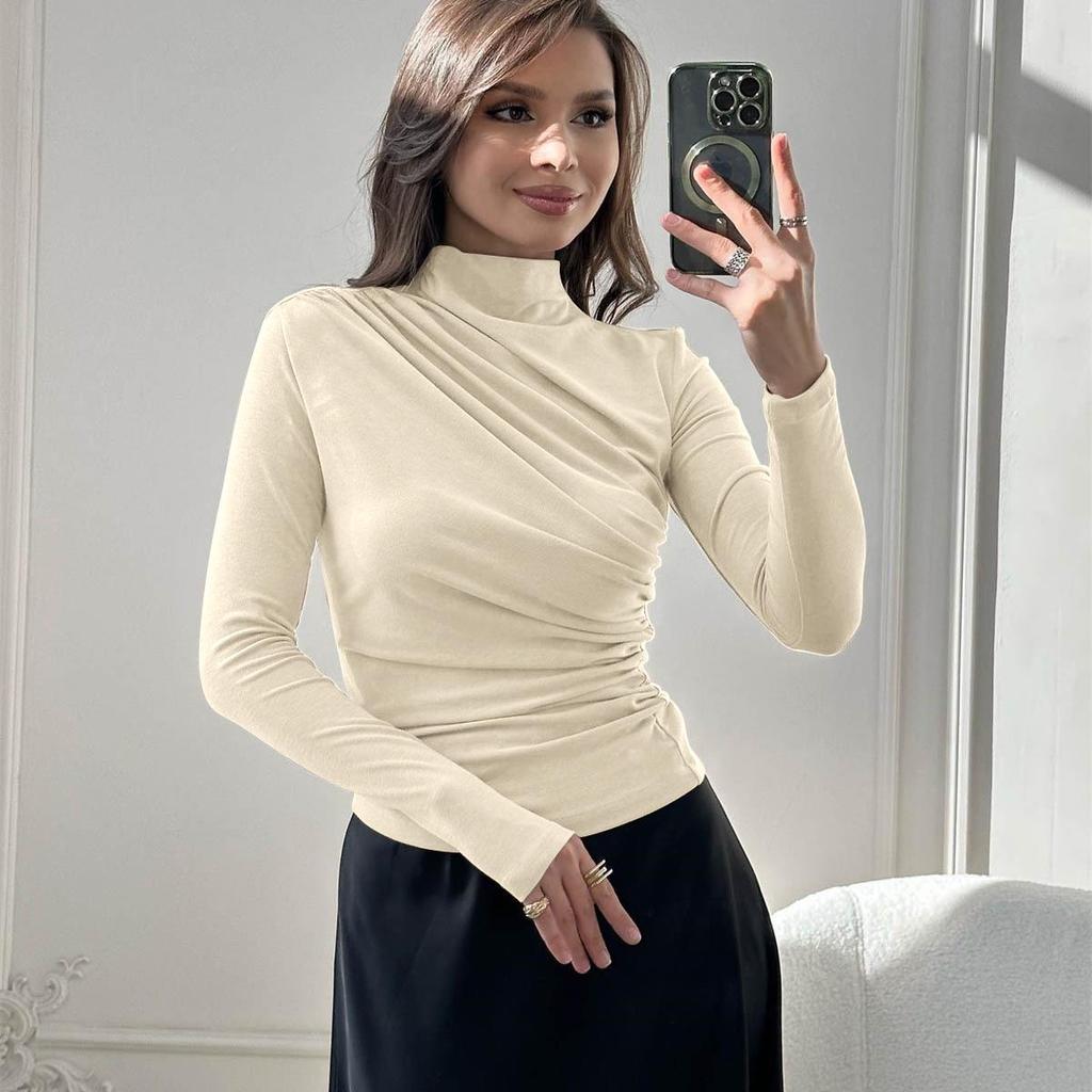 Top Sexy Snellente da Donna a Maniche Lunghe con Collo Alto
