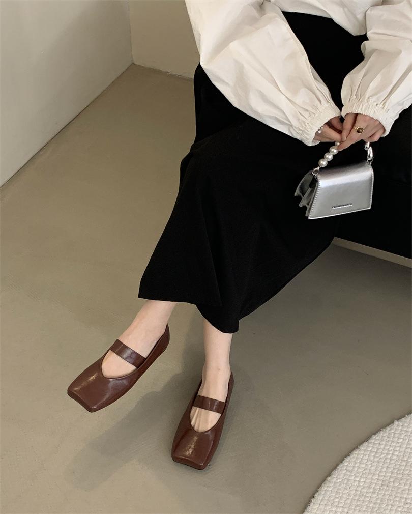 Do retro old money wind square head shallow mouth single shoes evening shoes ballet shoes with skirts Mary Jane women's shoes