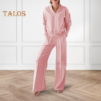 Conjunto de 2 piezas de pantalón y parte superior para mujer, traje deportivo con cuello en V, mangas largas, color liso, largo medio, sudadera, cintura elástica, pantalones de pierna ancha, para otoño y primavera