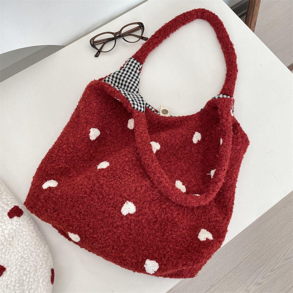 Cusual Embroidery Flower Tote Bag Large Capacity Fluffy Shoulder Bag Plush Underarm Bag Travel